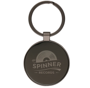 Logo printed Circular Gunmetal Keyring with an engraved design form Total Merchandise