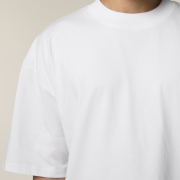 Close up shot of the neckline of the White Stanley Stella Blaster Oversized T-Shirts