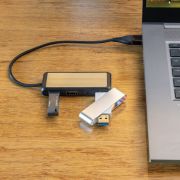 Custom Branded Recycled Plastic & Bamboo Dual USB Hub in Black/Natural from Total Merchandise