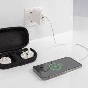 Logo Printed Recycled Plastic Travel Charger with USB-C in White from Total Merchandise