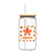 Branded 500ml  Glass Bamboo Lid Tumbler in Clear with a design from Total Merchandise