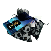 Promotional Gift Bags Filled with Chocolate Footballs and the full colour print label on the front