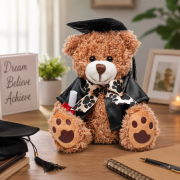 Lifestyle image of the Graduation Medium Patched Paw Teddy by Total Merchandise