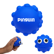 Logo printed on the back of the Pop-It Eyes Ball in blue by Total Merchandise