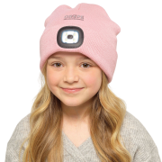 lifestyle image of the Rechargable LED Beanie in ;ight pink frrom Total Merchadise