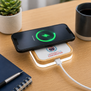 Lifestyle image of the Light Up Wireless Charger branded by Total Merchandise
