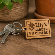 Lifestyle image of the Short Bamboo Rectangle Keyring by Total Merchandise