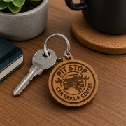 Lifestyle image of the Round bamboo Keyring g by Total Merchandise