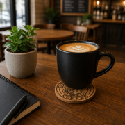 Lifestyle image of the Round Bamboo Coaster by Total Merchandise