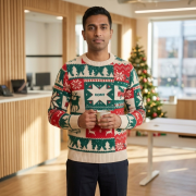 Logo Printed S-M Christmas Knitted Jumper in Beige printed with your logo from Total Merchandise