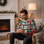 Custom Printed S-M Christmas Knitted Jumper in Beige printed with your logo from Total Merchandise