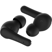 The earbuds inside of the Front view of the Belkin SoundForm Rhythm True Wireless Earbuds