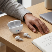 Lifestyle image of the Belkin SoundForm Rhythm True Wireless Earbuds branded by Total Merchandise