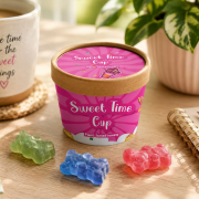 Lifestyle image of the Plant Based Gummy Bear Cups custom printed by Total Merchandise