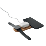 Image of the 3 in 1 Bamboo Charging Station in use logo  branded by Total Merchandise