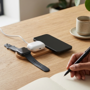 Lifestyle image of the 3 in 1 Bamboo Charging Station logo branded by Total Merchandise