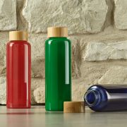 Logo Branded Coloured Borosilicate Glass Bottle with Bamboo Lid from Total Merchandise
