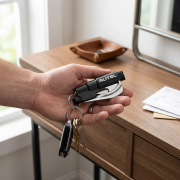 Lifestyle image of the Window Breaker Seatbelt Cutter Whistle Keyring custom by Total Merchandise