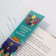 Lifestyle image of the Laminate Card Bookmark with a design from Total Merchandise