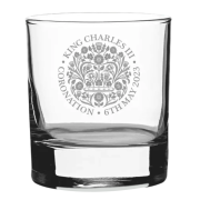 Branded Glass Tumblers Etched with the Coronation Emblem and a Company Logo by Total Merchandise