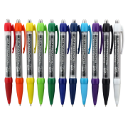 Custom printed message banner ballpens available in 11 colours from Total Merchandise