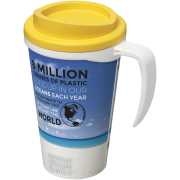 UK Printed Brite Americano Grande Travel Mugs with White Handle and Yellow Lid by Total Merchandise