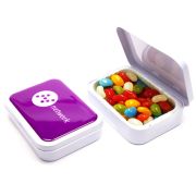 Branded Tins of Jelly Beans Printed with a Company Logo to the Lid with Domed Coating