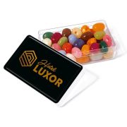 Promotional Gourmet Jelly Bean Rectangle Pots Printged with a Logo to the Lid by Total Merchandise