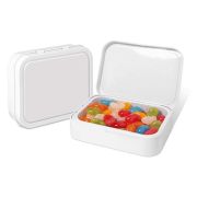 Custom Printed Jolly Jelly Bean Flip Top Tins in White with an Assortment of Jelly Beans Inside