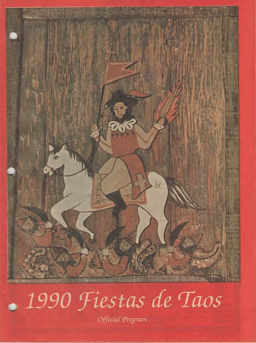 an image of the Taos Fiest schedule depicting an 18th century painting of a horseman weilidng a flaming sword