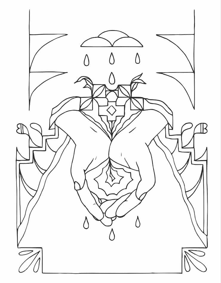 an line drawing from the coloring book, showing two hands in cupped formation surrounded by geometric patterning