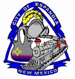 a red, yellow, gray and blue logo mark depicting the City of Española's seal
