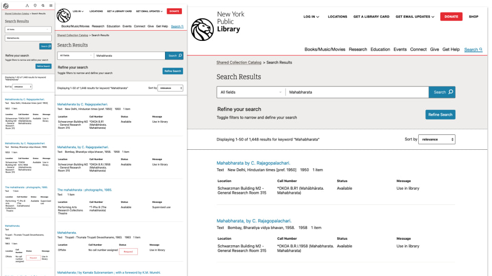 An image of the NYPL Shared Resource Collection screens, from mobile to desktop