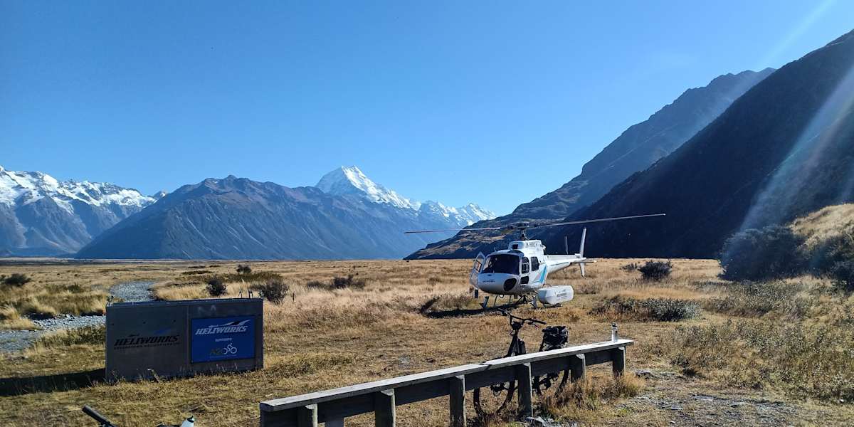 Alps to Ocean Bike tour Day 2 Helicopter Flight Aoraki Mt Cook National Park