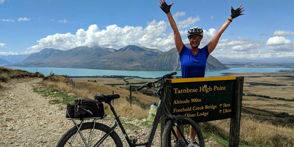 Alps to Ocean Bike tour Day 3 on trail near Lake Ohau