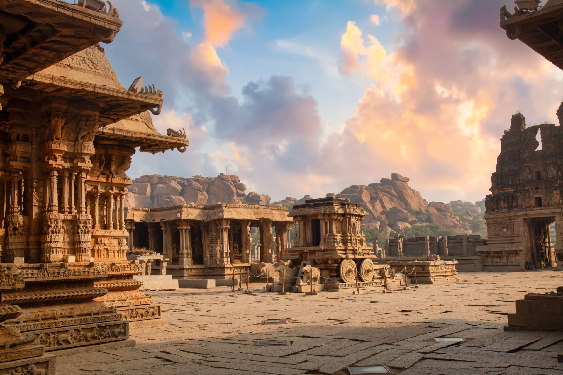 Hampi: ancient architecture ruins at the Vijaya Vittala temple