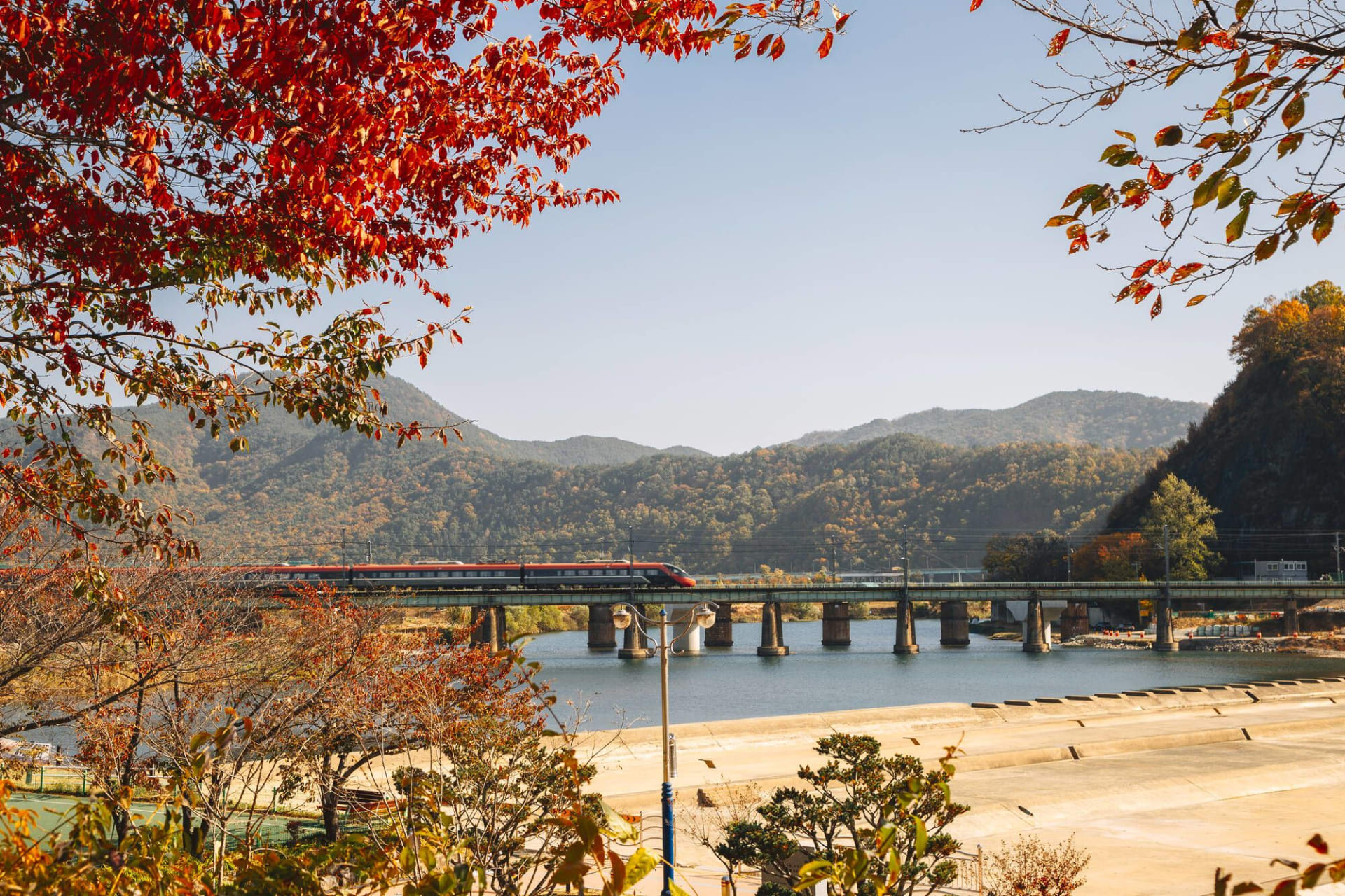 High speed train through autumn landscape