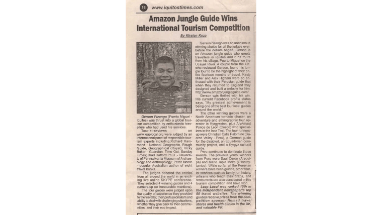 Iquitos Times Article About Gerson Pizango Winning  The International Competition