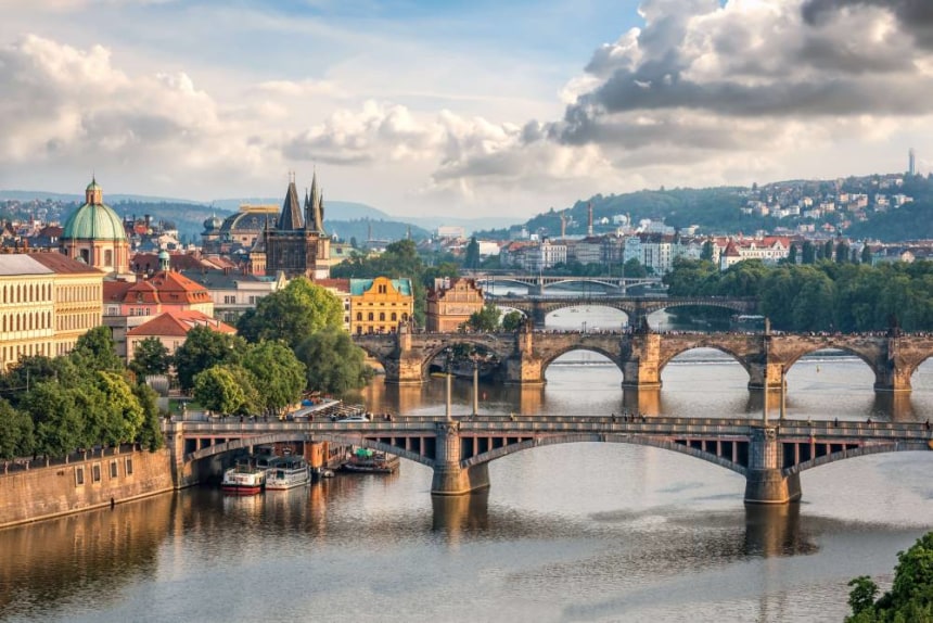 Aerial view of Prague bridges in evening
