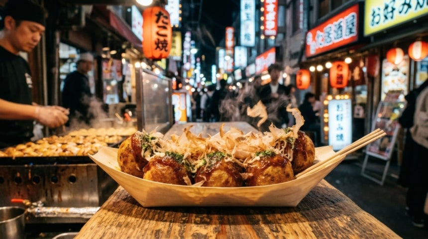 Hot takoyaki served in a Japanese street market