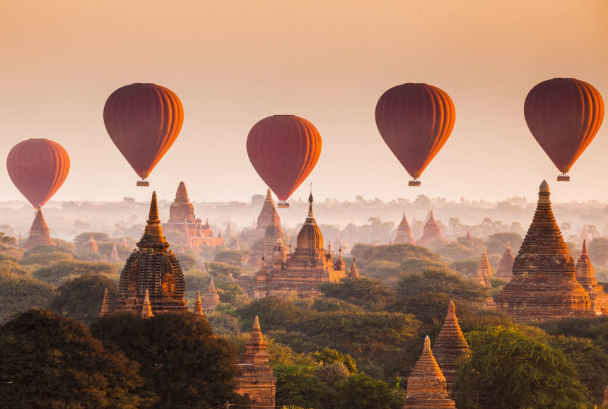 Hot air balloon over plain of Bagan