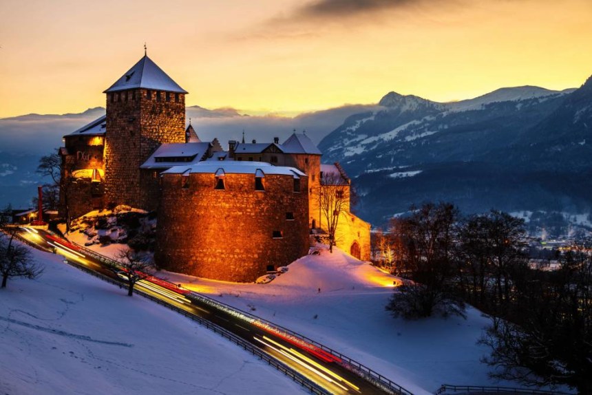Illuminated Castle of Vaduz at Sunset