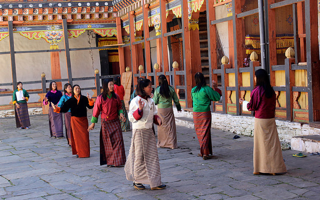 Female Dancers practice at Bumthang Dzong