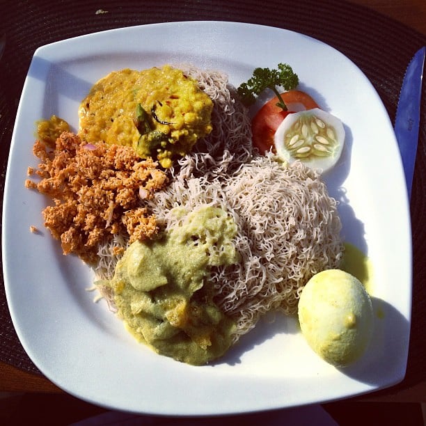 String hoppers with Curries and Sambol