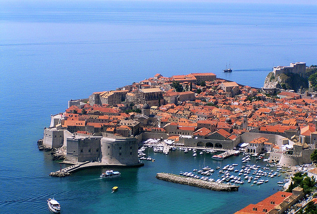 Harbour of Dubrovnik with the old town behind