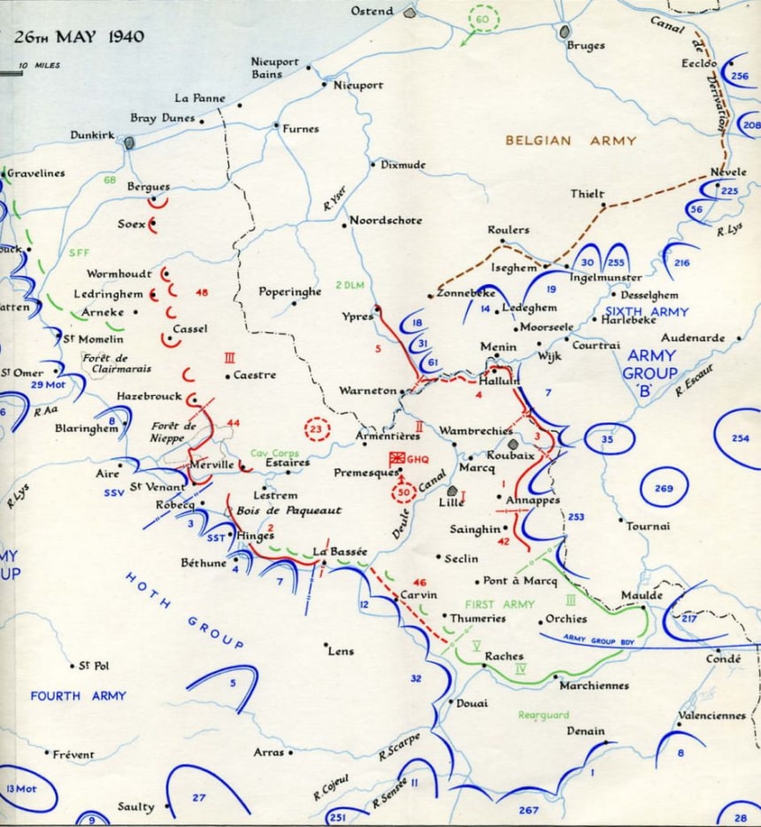 Situation 26 May 1940 (British Official History) Note British shown in red, Germans in blue and French in green 