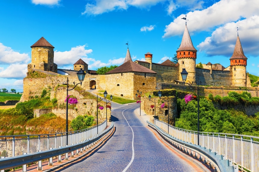 Scenic summer view of ancient fortress castle in Kamianets-Podilskyi, Khmelnytskyi Region, Ukraine