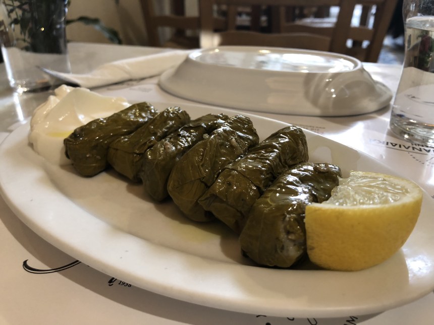 Dolmadakia, rice stuffed grape leaves