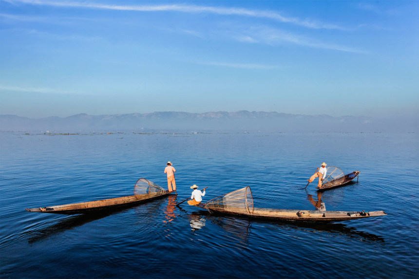 Fishermen on boats at Inle Lake