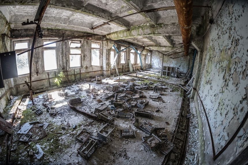 The interiors of a room ruined by radioactivity